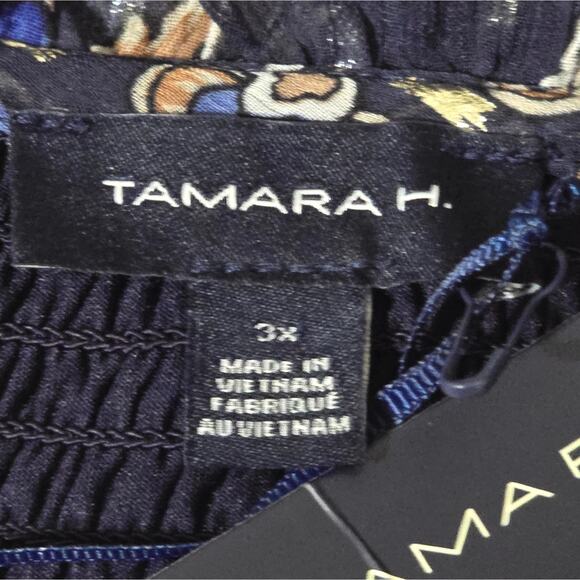 Tamara H. BLUE AND GOLD Floral Print Sheer sleeve Peasant‎ Blouse Plus Size 3X - Picture 9 of 10